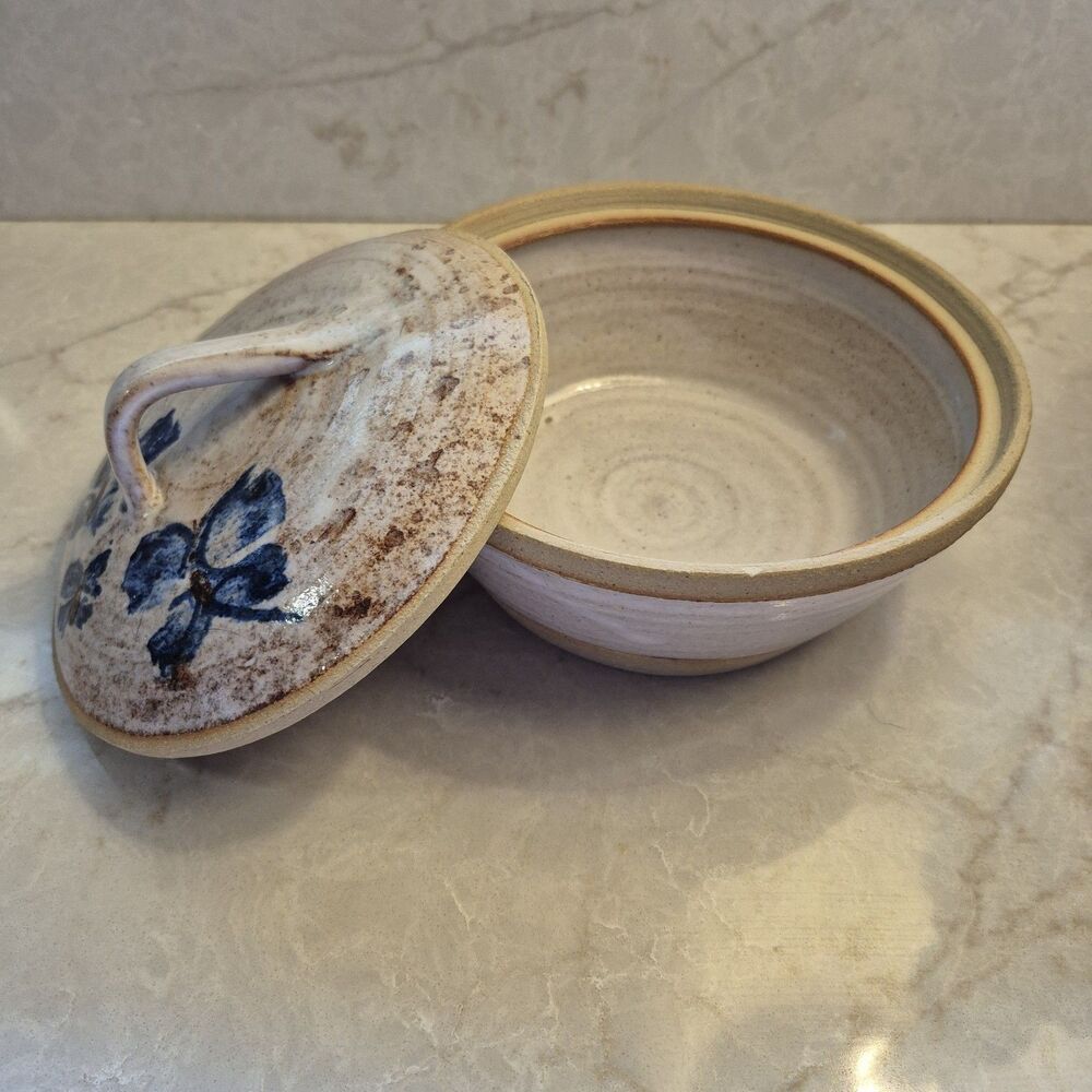 Handmade Round  Pottery Casserole Dish Blue Cream
